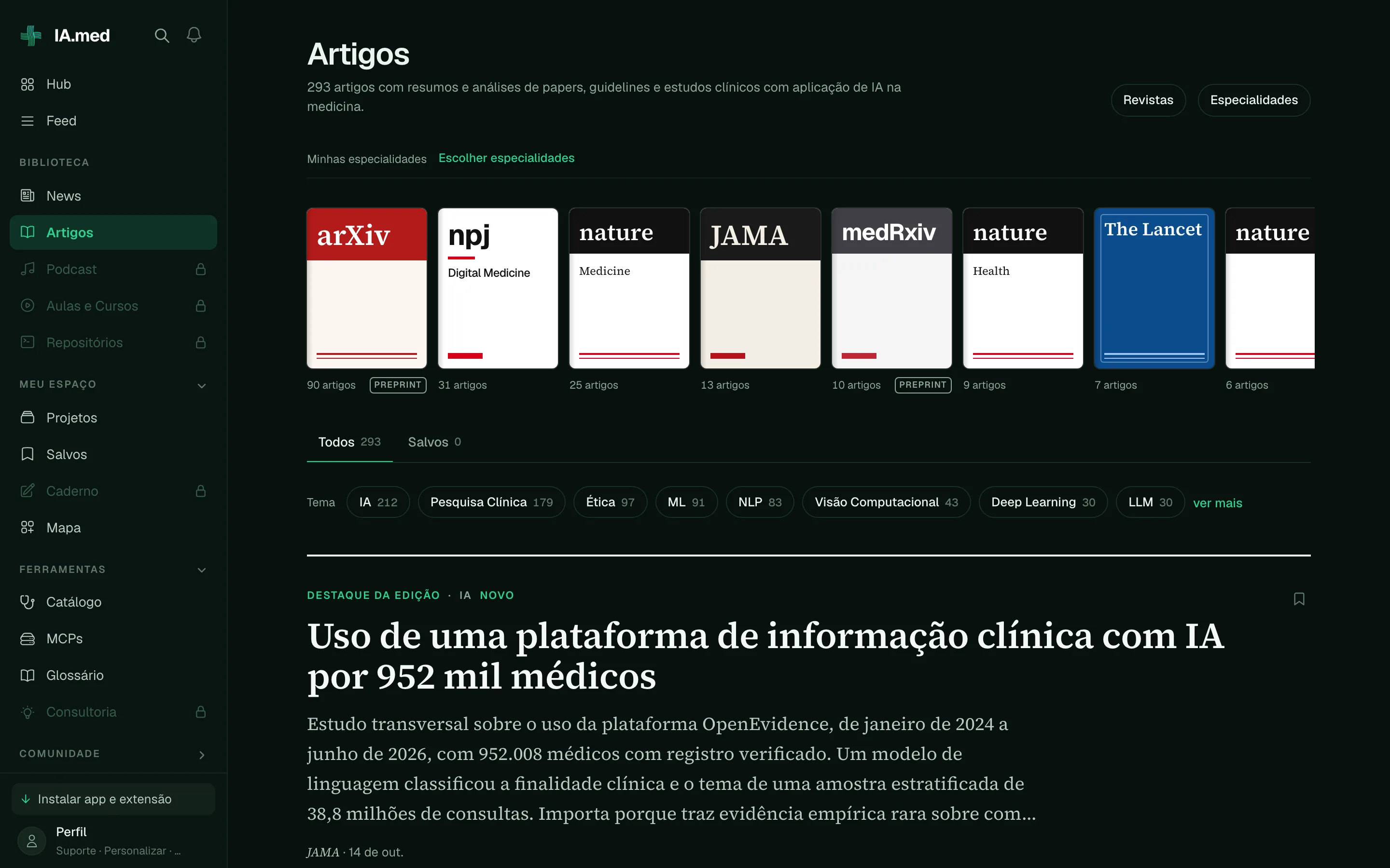 Tela Artigos do IA.med como sumário de journal, com a lista de papers e as capas das revistas