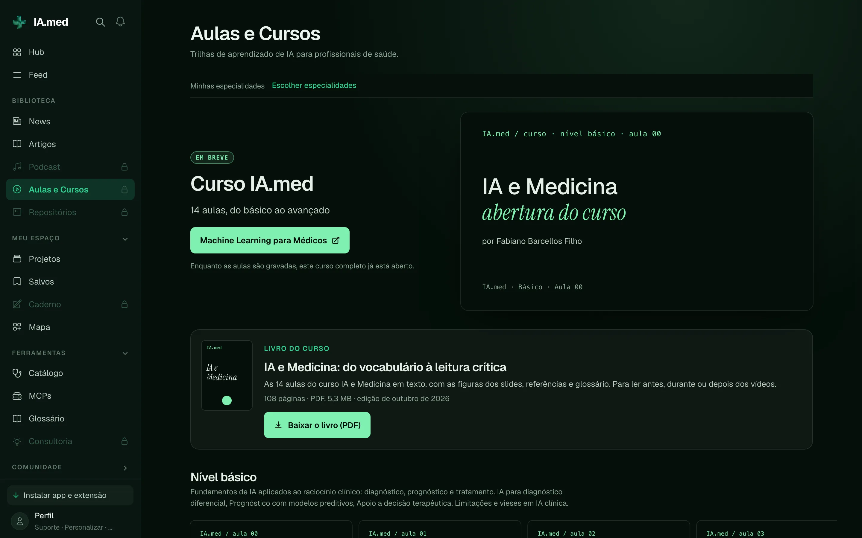 Tela Aulas e Cursos do IA.med em estilo de streaming, fundo escuro, com o livro do curso em PDF em destaque