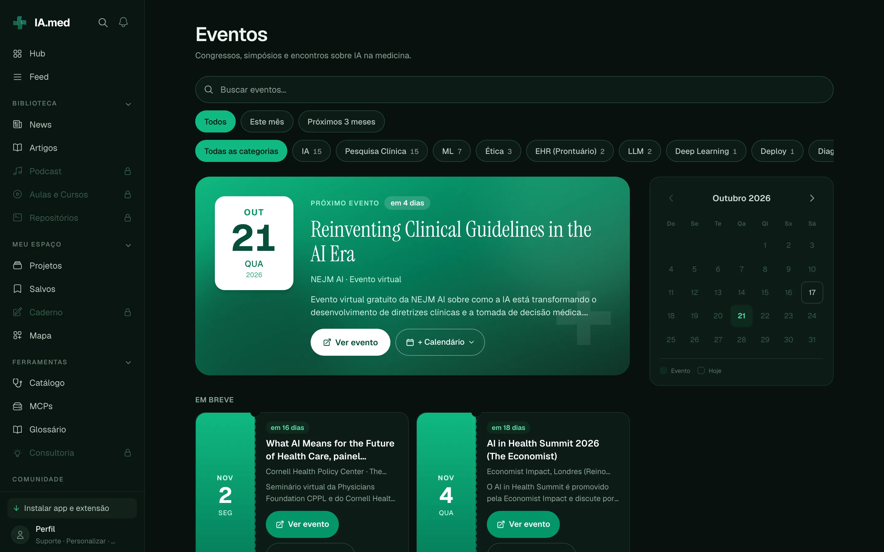 Tela Eventos do IA.med com eventos em formato de ingresso, contagem regressiva e calendário