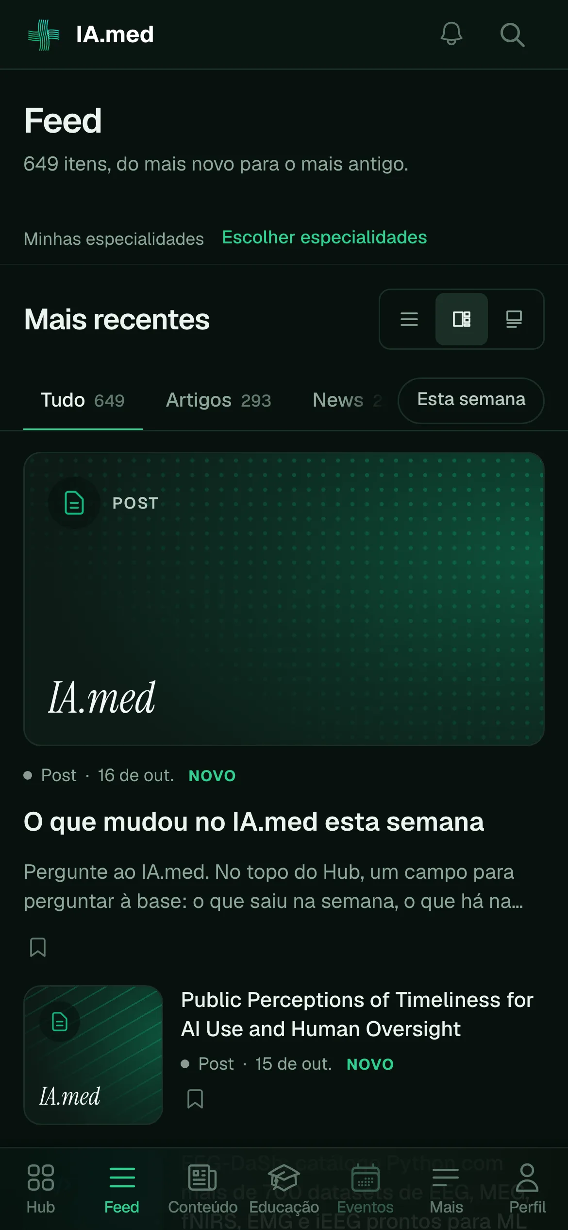 Tela Feed do IA.med no modo Revista, com capas grandes, filtros de especialidade e abas Tudo, Artigos e News, versão de celular