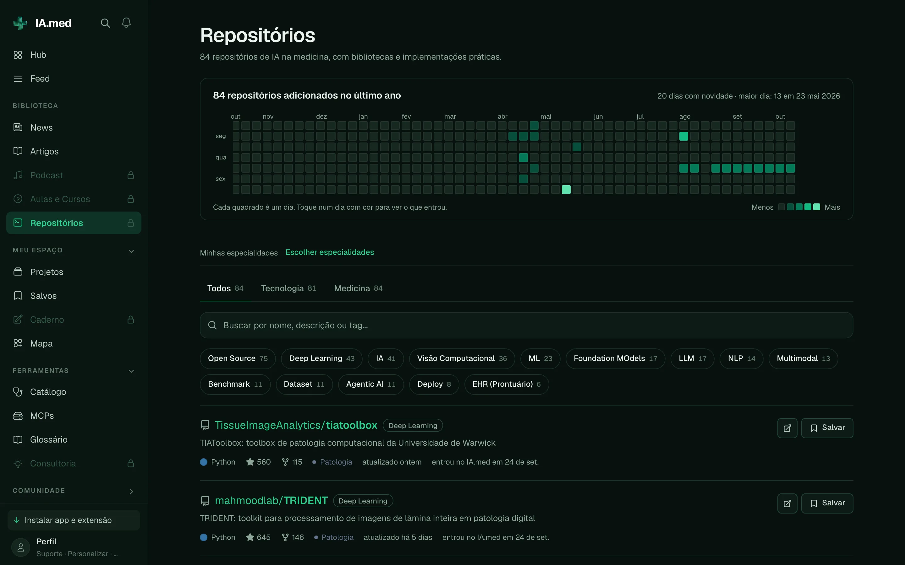 Tela Repositórios do IA.med no estilo do GitHub, com cartões de repositório, estrelas, linguagem e gráfico de contribuições